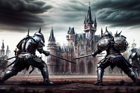 Pencil sketch, intricately detailed, rich shadows, highest resolution, highest quality, 8k UHD, 
the best perfect realistic HD ultra HD 4k image ,battle between knightsmedieval, nearby castle, weapons swords, super realistic picture 4k resolution, ultra HD, realizam, detailed visualizations of knights and landscape, detailed image of their faces and weapons and armor
