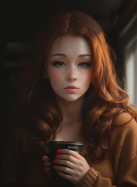 closeup, portrait, LeannaDecker, ((wearing sweater)), inside, portrait, kitchen, holding coffee mug, winter fire, eyes open, best quality, upper body, by lee jeffries nikon d850 film stock photograph 4 kodak 400 camera f1.6 lens rich colors hyper realistic lifelike texture natural lighting unreal engine trending on artstation cinestill 800, (100mm lens), long hair,
red hair <lora:Leanna Decker:1>