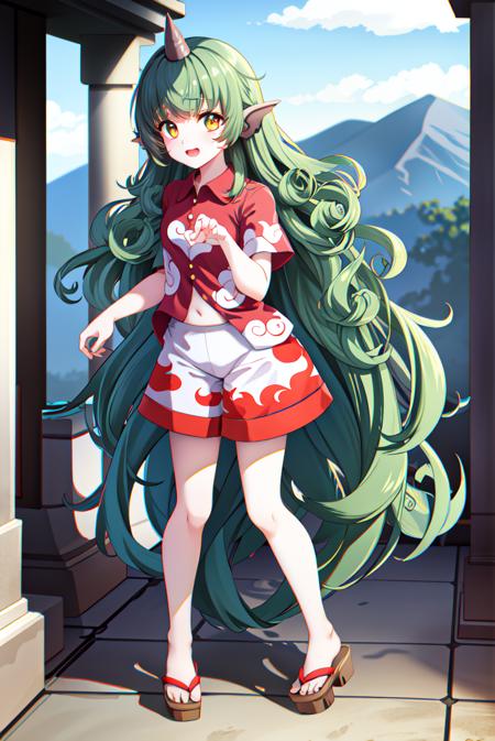 <lora:KomanoaunnTouhou_1.0ver:0.7>,KOMANO_AUNN,  
1girl,solo,masterpiece, best quality, high quality,delicate facial features,mishoujo,hyper_detail,game cg, finely detailed beautiful eyes and detailed face,lustrous skin,colorful
komano_aunn,green_hair,  long_hair,curly_hair,  green_eyes, single_horn, 
collared_shirt, multicolored clothes, white_shorts,short_sleeves, buttons, red_shirt, cloud_print, geta, bangs,
(looking at viewer:1.2), (standing:1.3), (full body:1.4),blush,smile,open mouth, paw_pose, 
(shrine:1.3), (blue sky:1.3),cloud,mountain,