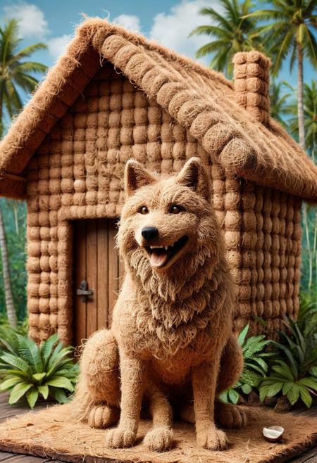 A coconut home, a wolf in front of it, smiling, detailed, pamcocomat