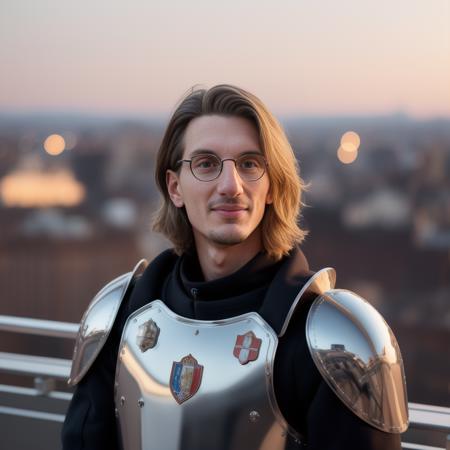 a photo of  paulmirabel-3000,  a man in Italian Plate Armor, view from side, A city at night background, roof top, analog style, masterpiece,best quality,official art, ultra high res, high quality, photo, realistic, highly detailed, photo realism, cinematic, Trending on artstation, hyperrealistic, sharp focus, 4k resolution, realistic skin, detailed symmetrical face, symmetrical eyes,