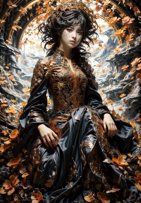 Best quality,ultra high,(photorealism:1.4),masterpiece,high resolution,original,extremely detailed wallpapers,Gilt,Fantasy world,maple leaves,1girl,solo,<lora:liuJ-000018:0.9>,