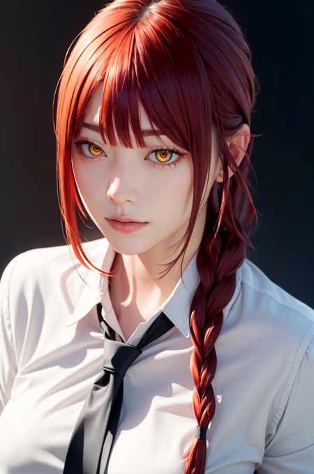 masterpiece, (photorealistic:1.4), best quality, beautiful lighting,
(ulzzang-6500:0.5), makima \(chainsaw man\), (red hair)+(long braided hair)+(bangs), yellow eyes, golden eyes, ((ringed eyes)), (white shirt), (necktie),
RAW photo, 8k uhd, film grain <lora:makima_offset:1>