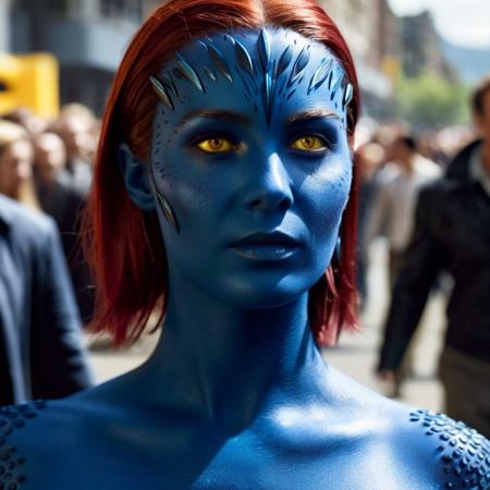 cinematic film still of  <lora:Mystique X-Men:1>
Mystique X-Men a red hair woman with yelloweyes and blue_body walking in crowds in day light, shallow depth of field, vignette, highly detailed, high budget, bokeh, cinemascope, moody, epic, gorgeous, film grain, grainy