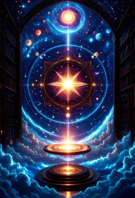 masterpiece, best quality, absurdres, Ultra-HD, 8K cinematic, hyperdetailed, intricate, very aesthetic, stunning composition, vibrant, incredible lighting, sharp focus, Japanese anime style, American comic style, dynamic color palette,
**ancient cosmic library, celestial knowledge sanctuary, geometric stellar architecture, floating in galactic core, Sagittarius constellation alignment, holographic star charts, swirling wisdom light, crystalline data banks, ethereal glow, mystical light, dreamlike atmosphere, surreal elements, transcendental serenity, translucent effects, shimmering particles, soft diffused lighting, expansive landscape, intricate background details, cinematic composition, dynamic angle, dramatic perspective, foreground elements, layered visuals, atmospheric depth, grand scale.**
CosmicStyle, aidmaMJ6.1.aidmaimageupgrader.