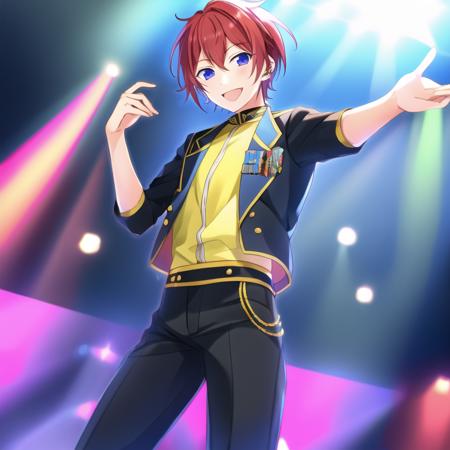 <lora:tsukasa_suouV22:0.8>, 1boy, idol, tsukasa_suou, solo, standing, red hair, short_hair, idol, smile, long sleeve, pants