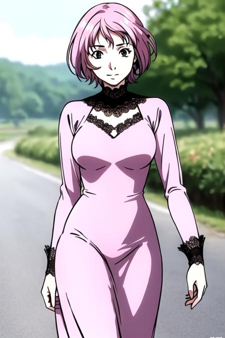 masterpiece,best quality,ultra-detailed,(perfect face, detailed face),1girl,solo,short hair,breasts,grey eyes,medium breasts,pink hair,(farm :1.1),(lace trim :1.2),(Walking in a strutting pose :1.2),(:q face),<lora:Shimuka _ Simca-000017:0.9>,