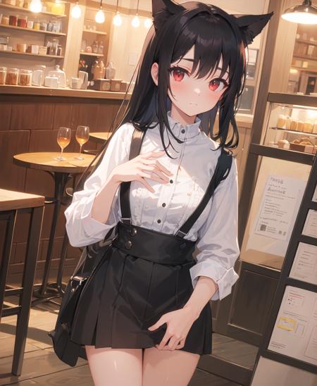 (masterpiece), (best quality), (intricate_details:1.1), (finely detailed:1.4), (distinct_image:1.2), (cafe background), solo girl, cute, (face focus), shiny red eyes/black hair, cat ears, vine, smooth lighting, shirt,