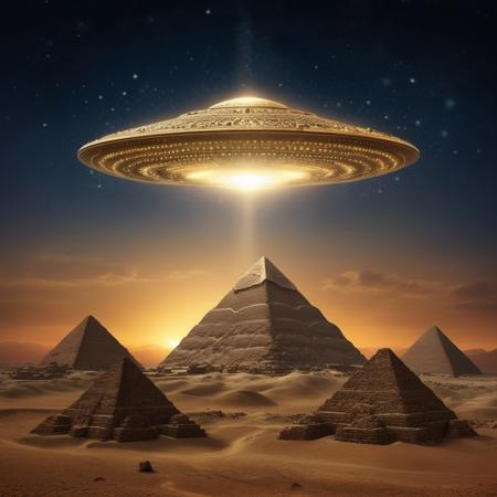 "In a mystical Christmas scene, a UFO surrounded by golden and silver lights descends slowly over Egypt’s pyramids. The atmosphere is ancient and mysterious, with a bright star on the horizon symbolizing the festive season."star-filled sky."