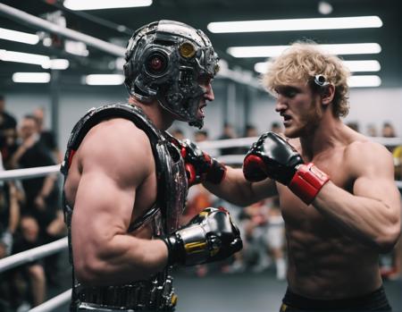 <lora:Logan Paul SDXL - Trigger with Loganpaul Person:.5> loganpaul person punching is robot that is mentally challenged. Robot is confused and furious at loganpaul. fight, robot oil spewing on loganpaul, choas. black eye. epic film scene.