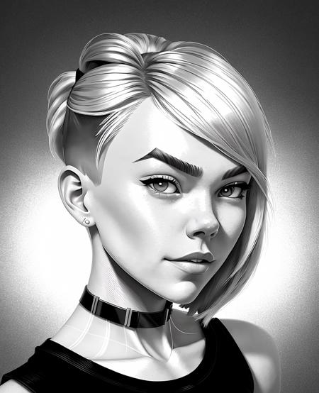 (Gwen Stacy:1.1), ultra-detailed, illustration, high contrast, a black and white silhouette of a woman, looking away, portrait, eyebrow piercing, undercut, undercut hairstyle, depth field, detailed background, solo, (cropped:1.1)