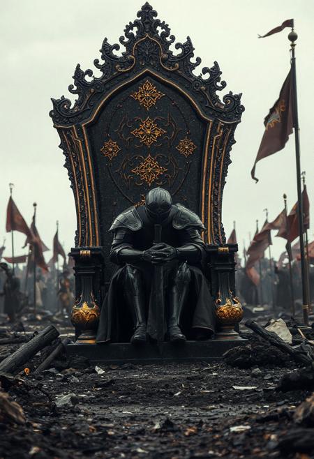 “A dark knight sits motionless on a majestic black-and-gold throne, head bowed, face buried in his hands. His armor is obsidian-black, with a texture like polished dark marble — heavy, regal, but broken by grief. Around him: ruins and ashes stretch across a dead, silent battlefield. Burned flags, shattered stone, and scorched remains flank the throne. The sky is overcast, casting a pale, cold light. The air is filled with floating ash. The knight looks like he’s asking: ‘What did I do wrong?’ Cinematic 4K, ultra-detailed, melancholic, dark fantasy, still frame, emotional tension, golden accents, chiaroscuro shadows.”