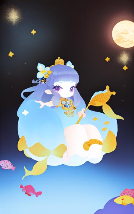 1girl, purple eyes, blue hair, flowers, hair ornament, floating in space, fish, water, stars, galaxy<lora:0mimimim0:1>