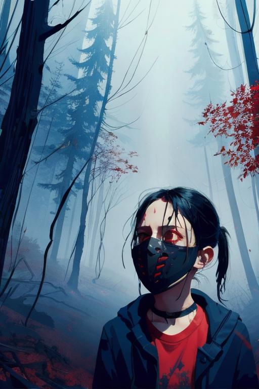 A girl is wearing a ghost mask and standing in a forest.