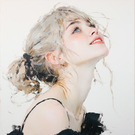 A cherubic 25 year old woman with windblown ash-blonde pigtails and blunt bangs obscuring her brows gazes warmly from an intimate, upward angle, her coral lips parted in a shy, blushing smile. Rendered in oil’s lush impasto with Yoshitomo Nara’s tender whimsy and Monet’s hazy pastels—blush pinks bleed into powder blues across her velveteen cheeks. Diffused light caresses stray gilt hairs framing azure eyes, while faint indigo ink rivulets seep through the ivory backdrop, contrasting the crisp black dress matte folds.