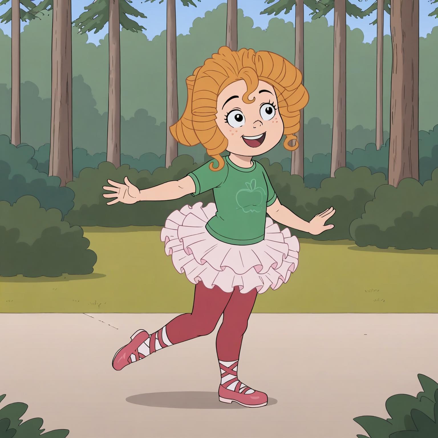 <lora:AppleWilson_MotherUp_PXL_Leaf2:1>,
outdoors,forest,
smile,open mouth,
solo,
AppleWilson,1girl,blonde hair,black eyes,
green shirt,short sleeves,tutu,pink ballet shoes,
dancing,