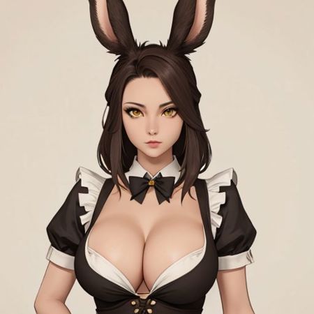 sierra, brown hair, yellow eyes, big boobs, viera, rabbit ears, animal ears