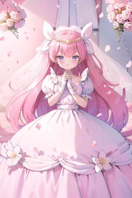 best quality, ultra-detailed, (1girl, solo, <lora:hanasaki-momoko_wedding-dress-form-v1:1>, hanasakimomoko-wd, pink hair, white wedding dress, puffy short sleeves), wedding hall