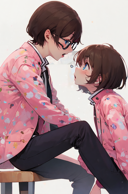 AGGA_ST050, 1girl, blush, short hair, open mouth, bangs, blue eyes, simple background, brown hair, shirt, black hair, long sleeves, 1boy, white background, sitting, jacket, white shirt, glasses, profile, sunglasses, pink jacket