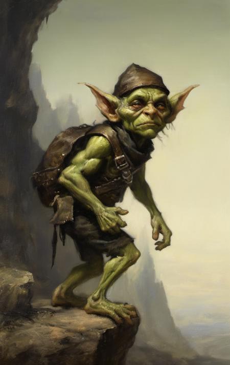 a diminutive olive-green-skin goblin wearing a metal cap and brown leather tunic emerging from the shadows of a long cave, wiry arms and taloned hands chiaroscuro very detailed and highly textured goblin with black eyes background deep ominous cave monster portrait by ClassipeintXL