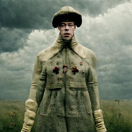 a man in a coat and hat standing in a field, dramatic sky, <lora:oldMJstyle_v1_SDXL:0.8> by oldMJstyle