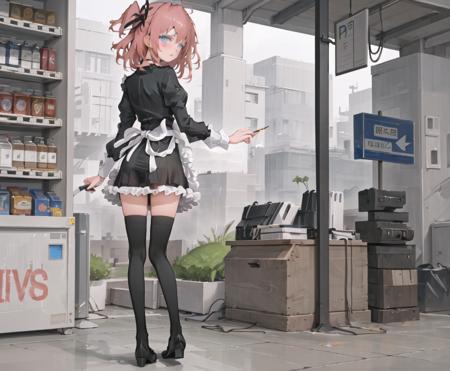 ((masterpiece,best quality)),
street,vending machine,lamppost,bench,road sign,
(1girl:1.5),(solo:1.5),from behind, walking, looking back, (rain),
blue eyes,long black sleeves,black thighhighs,
 <lora:AINA-chan.V2.1:0.7>