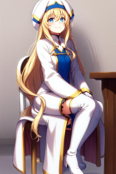 portrait, (solo),  <lora:preiestess_goblin_slayer-000012:.7>, priestess \(goblin slayer!\), 1girl, blonde hair, blue eyes, long hair, white hat, white robe, white boots, smirk, masterpiece, best quality, sitting, chair, bar, (chromatic aberration),