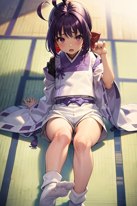 masterpiece, best quality, <lora:akari:1>,solo, 1girl, onmyouji, purple hair, ahoge, purple eyes, tabi, japanese clothes, upshorts, shorts,  socks, white shorts, tatami, short hair, bow, hair bow, lying, blush, sitting, short shorts, legs, open mouth