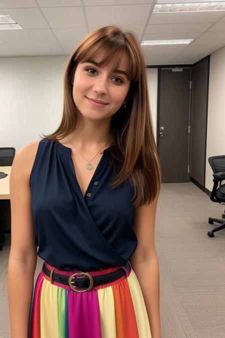 instagram photo, location is a corporate office, nikon photography, waist and above photo of a 18 year old north american woman, ((average looks)), (clothed) wearing rainbow dress, (small asymmetrical breasts) (small bosom) (small tits) (straight auburn/blonde short length hair), bangs, pale skin, (smile:0.5), ((wide hips)), camel toe, hard shadows