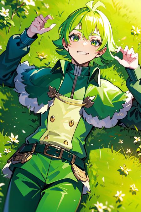 1boy, (perfect hands:1.1), cowboy shot, male focus, solo, <lora:barsrobintest-07:0.6>, green hair, green jacket, green capelet, green pants, green theme, long sleeves, lying in grass, from above, smile, happy, smug,  sunny day, high grass, many flowers, hair flower, cute, detailed