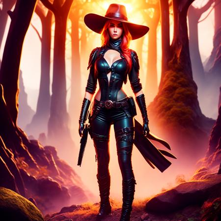 an attractive woman [gunslinger:bounty hunter:0.4] standing in a fantasy wilderness (neontreehouse style:1) <lora:djzNeonTreehouse_LB2:0.8>