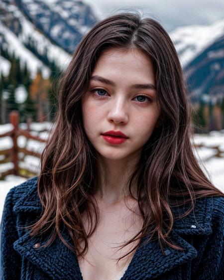 50mm film, 1girl, eurasian, solo, pale skin, pretty, tall, long wavy hair, blue eyes, small nose, red lips, parted lips, wearing woollen jacket, slim face, looking at viewer, photorealistic, 8k, film grain, blurry mountainous background, snowy, upper body, close up shot  <lora:more_details:1> <lora:looking_at_viewer:1> <lora:picxer_real:1> <lora:pytorch_lora_weights:1> <lora:silhouette:1>
