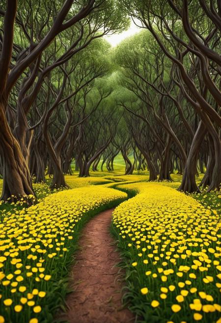A path of curves is projected into a field of small yellow flowers. Lights like fireflies float in the air, in the distance in the background you can see a tree with a wide trunk, thick roots and a crown full of leaves, ultra hd, realistic, vivid colors, highly detailed, UHD drawing, pen and ink, perfect composition, beautiful detailed intricate insanely detailed octane render trending on artstation, 8k artistic photography, photorealistic concept art, soft natural volumetric cinematic perfect light. OverallDetailXL,  Fixl-art,  <lora:Art-full_v1:0.3>