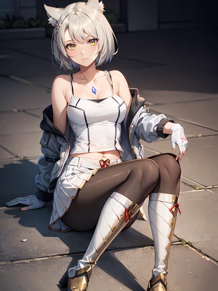 (extremely detailed CG), (best quality), perfect face, shiny skin, lustrous skin,wide hips,narrow waist 1girl,solo   <lora:MioBlade-10:0.7>MioBlade,yellow eyes,medium breast,knee boots,collarbone,open jacket,white gloves,boots,fingerless gloves,grey white hair,bangs,shoulder strap, pantyhose, white jacket,pleated skirt leggings, white skirt,tank top,short hair, white camisol, chest jewel,camisole, white tank top,cat ears,full body,