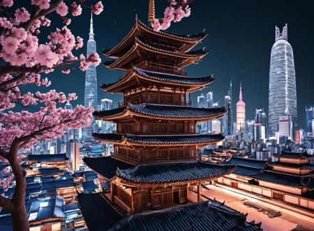 realistic photograph,futuristic dystopian city skyline,night,(buddhist temple:1.2),pagoda,glass skyscrapers,modern architecture,sakura,
