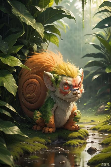 (8k, RAW photo, best quality, masterpiece:1.2), 
yellow hair, red eyes, jungle, tropical trees, green grass, colorful images, rain, <lora:Mynci:0.90>,mynci