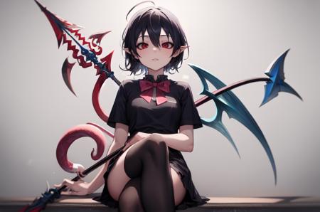 masterpiece, suujiniku, houjuu nue, zettai ryouiki, asymmetrical wings, hair between eyes, weapon, black dress, snake, red wings, short dress, frills, bangs, trident, short hair, polearm, black thighhighs, black hair, red bowtie, red eyes, blue wings, short sleeves, pointy ears, ahoge, (crossed legs:1.27628), (standing:1.47746),, atmospheric perspective,extreme close-up shot, school bus