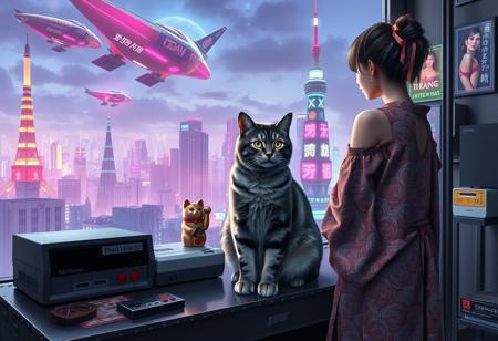 Grey tabby cat with green blue eyes sits on a cluttered metal riveted desk next to a maneki neko statue and a small Nintendo , the cat is looking out to a floor to ceiling window that looks out over a futuristic cyberpunk Tokyo skyline with skyscrapers, holographic advertisements, futuristic airships covered with lights and advertisements in Japanese, a space elevator, (((a tall thin beautiful young woman, 22 years old, is standing next to the cat looking out at the city through the window))), The woman is dressed in an ornate Japanese style bath robe, low cut to above navel and showing her lower legs.  The woman's hair is messy from just waking up and tied up with a ribbon. Artistic cyberpunk, dynamic perspective, a translucent neon projection of a strip club bar advertisement displaying a partially dressed woman is visible on a nearby building,