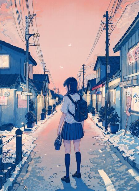 1girl, bag, backpack, skirt, school uniform, solo, looking at viewer, outdoors, shadow, pleated skirt, moon, silhouette, tree, medium hair, sign, crescent moon, shirt, black hair, standing, pink sky, sky, ground vehicle, serafuku, long hair, utility pole, building<lora:neon:1>