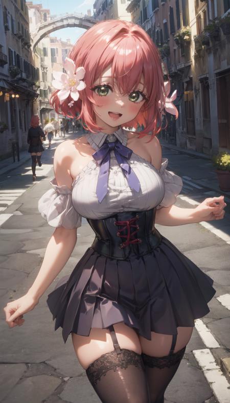 cinematic lighting, <lyco:lighting_loha:0.2>, masterpiece, cowboy shot, blush, eyelashes, 
BREAK  hanazono_hakari, 1girl, solo, (hair ornaments:1.2), (hair flowers:1.1), shiny skin, thick thighs, high-waist skirt, corset, bare shoulders, skirt, thighs, thighhighs, off-shoulders, smile, open mouth,
outdoors, venice,