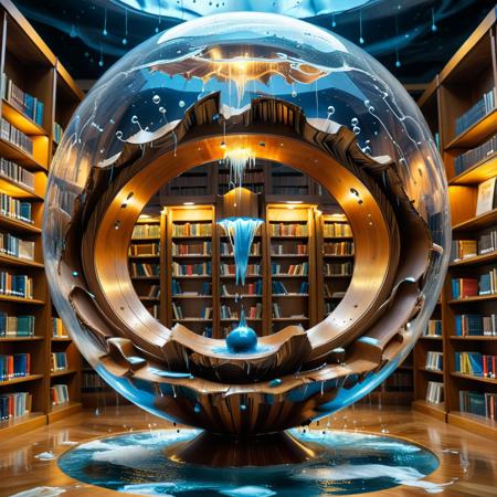 a library spiraling within a liquid sphere shaped like a falling tear, bookcases mounted on concentric rings of floating platforms, ink flowing visibly through transparent veins along the walls, central node projecting memories as glowing droplets, tearStyle2