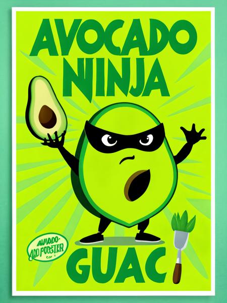 Movie Poster, MoviePosterAF, avocado ninja, with titleâAvocados Gonna Guac You!â <lora:movieposters:1>, <lora:BetterTextRedmond:1>