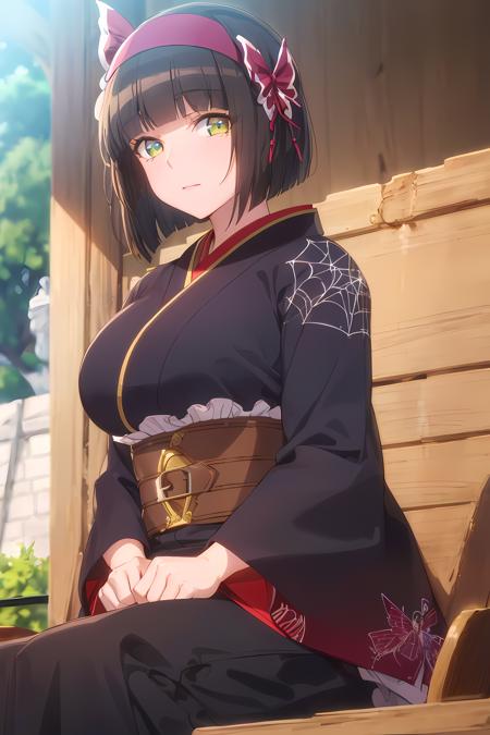 (masterpiece:1.2, best quality), (finely detailed beautiful eyes: 1.2), (extremely detailed CG unity 8k wallpaper, masterpiece, best quality, ultra-detailed),1girl, sitting down on bench,  mio, large breasts, hairband, japanese clothes,  purple kimono , black gloves, hair bow,spider web print, sash , obi, hair ribbon,  High contrast, (best illumination, an extremely delicate and beautiful),(simple backround, outdoors,  front on),  looking at viewer,beautiful detailed glow, (beautiful detailed face, beautiful detailed eyes)