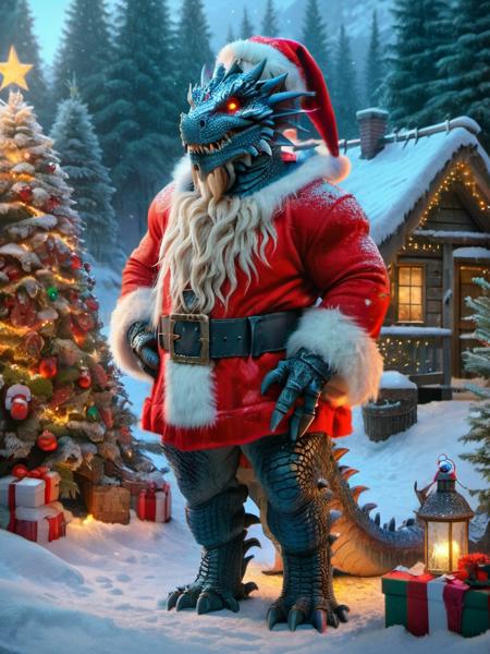 ral-santa,dracthyr santa, a dragon dressed as santa claus stands in front of a christmas tree and a cabine in the woods <lora:ral-santa-sdxl:1>