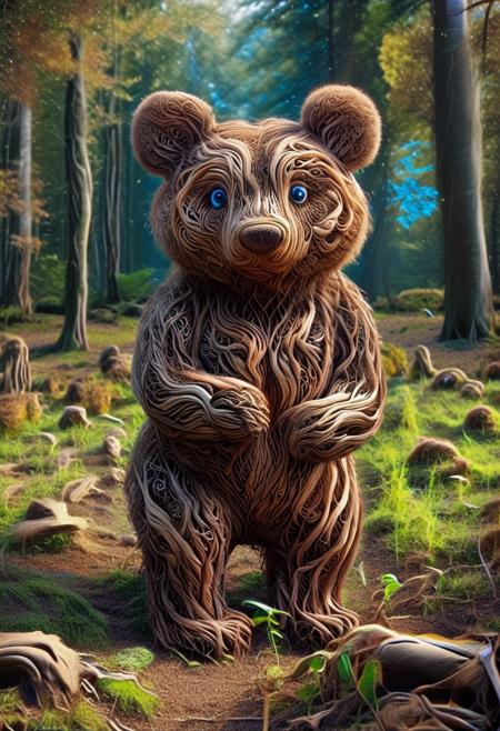 PG-TR, A striking image of a brown-haired, (bear:2), blue eyes, standing in a open field next to a forest. The field is very colorful. The leaves in the background have a faint glow, creating an enchanting atmosphere. Subtle, swirling energy effects surround the character, giving a sense of power and mystique, laughing bunnies in the background, (bunnies:1.7), (anatomically correct:2).