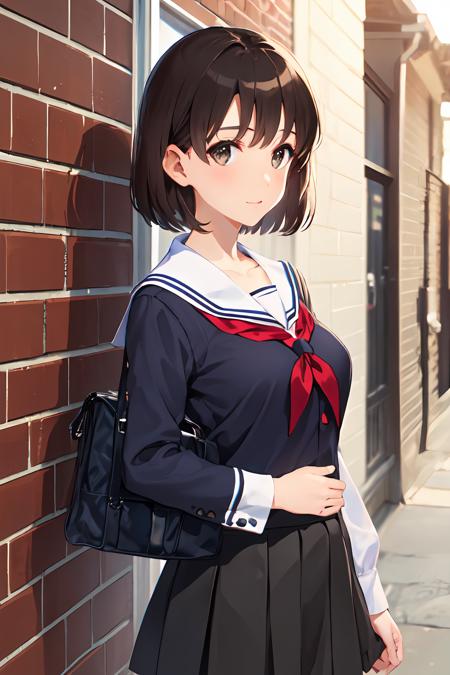 (masterpiece:1.6, best quality), (finely detailed beautiful eyes: 1.2),  ph_katou, katouhdlong, katouhd, 1girl, solo, black school uniform, short hair, skirt, bangs, brown eyes, brown hair, pleated skirt, black socks, kneehighs, school bag, serafuku, collarbone, long sleeves, sailor collar, street, outdoors,
<lora:Katou_Megumi_FB_64:1>