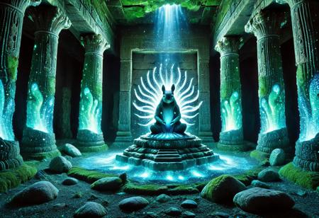 lazypos, An iridescent squirrel deity materializes in the ruins of an ancient temple, its semi-transparent body pulsing with internal bioluminescence that casts shifting violet and teal patterns across moss-covered stone columns. Each strand of its liquid-like fur ripples with contained nebulas, while its massive paw (foreground) reveals glowing skeletal structures beneath the skin, pressing into cracked tiles that fluoresce where contact is made. The creature's eyes burn with supernova intensity, their light refracting through suspended mineral dust in the air. Behind it, crumbling murals depicting forgotten gods begin to glow in sympathetic resonance, their faded pigments reanimating in sapphire and emerald waves that crawl across the walls. Bioluminescent fungi burst from between stones in its wake, forming a luminous trail that leads into the temple's shadowy interior where faint answering glimmers suggest more entities stirring. The composition balances overwhelming detail (individual glowing whiskers catching light like fiber optics) with haunting negative space in the vaulted ruins above