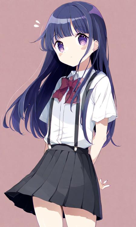 by chon, furude rika, 1girl, black skirt, blue hair, blunt bangs, bow, bowtie, closed mouth, collared shirt, cowboy shot, expressionless, long hair, looking at viewer, no nose, pleated skirt, purple eyes, red bow, red bowtie, shirt, shirt tucked in, short sleeves, sidelocks, simple background, skirt, solo, standing, suspenders, white background, white shirt, <lora:sdxl - Char - Furude Rika - Bionagato>