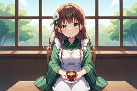 chiya, brown long hair, green eyes, hair ornament, green stripe kimono, white apron,