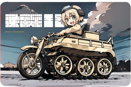 <lora:kettenkrad-v7:0.6> masterpiece, beset quality, (chibi:1.3),
driving kettenkrad, 1girl, solo, :d, looking at viewer, helmet